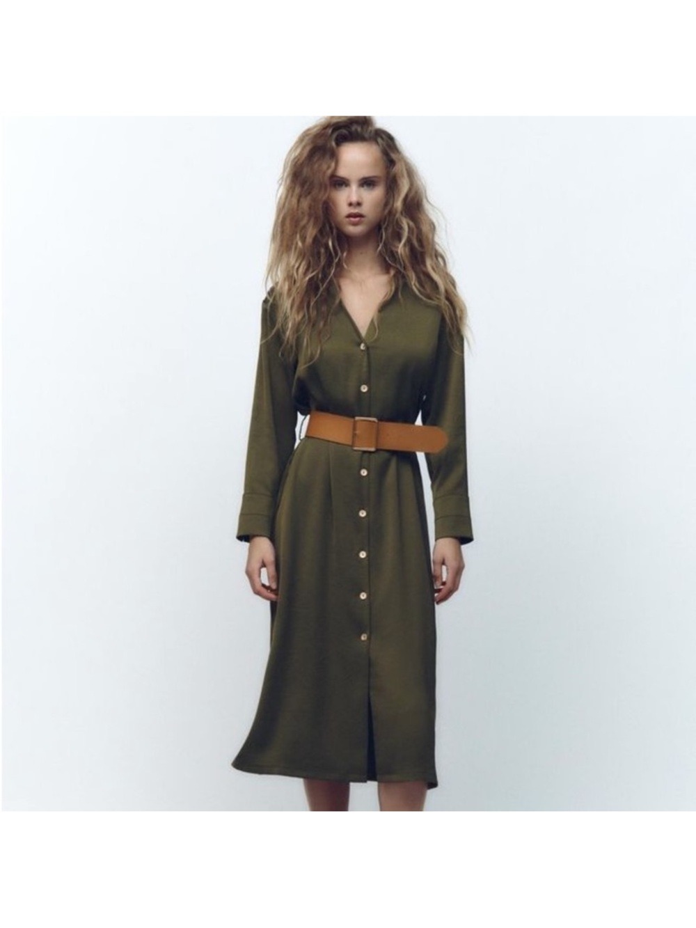 ZARA Olive Satin Effect Shirt Dress Small